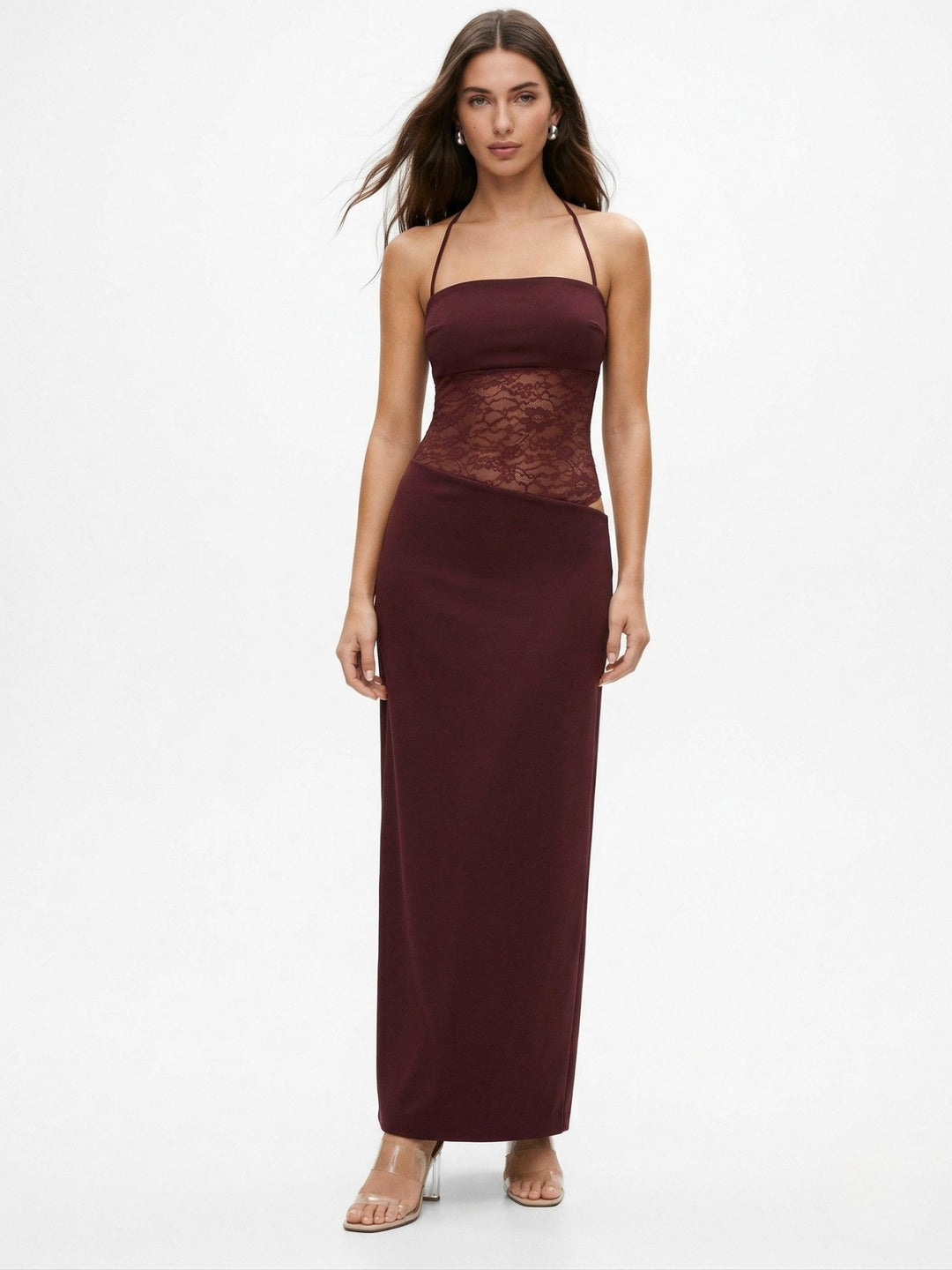 Brown Spaghetti Strap Lace Detail Dress
