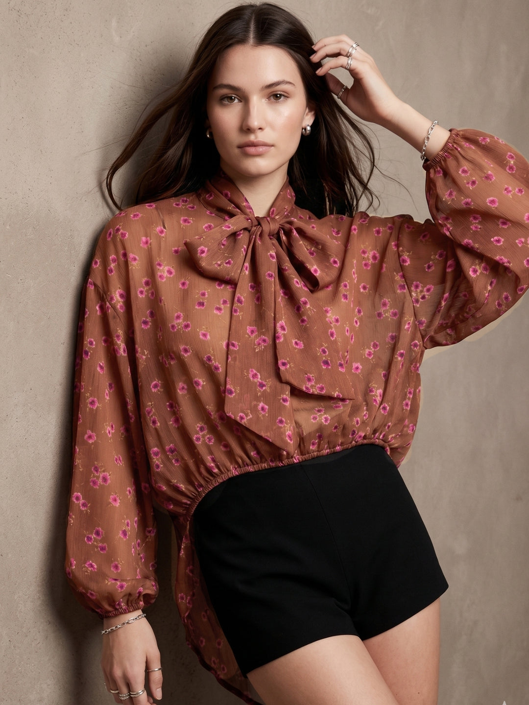 Rust Asymmetrical Hem Neck Tie-Up Top
