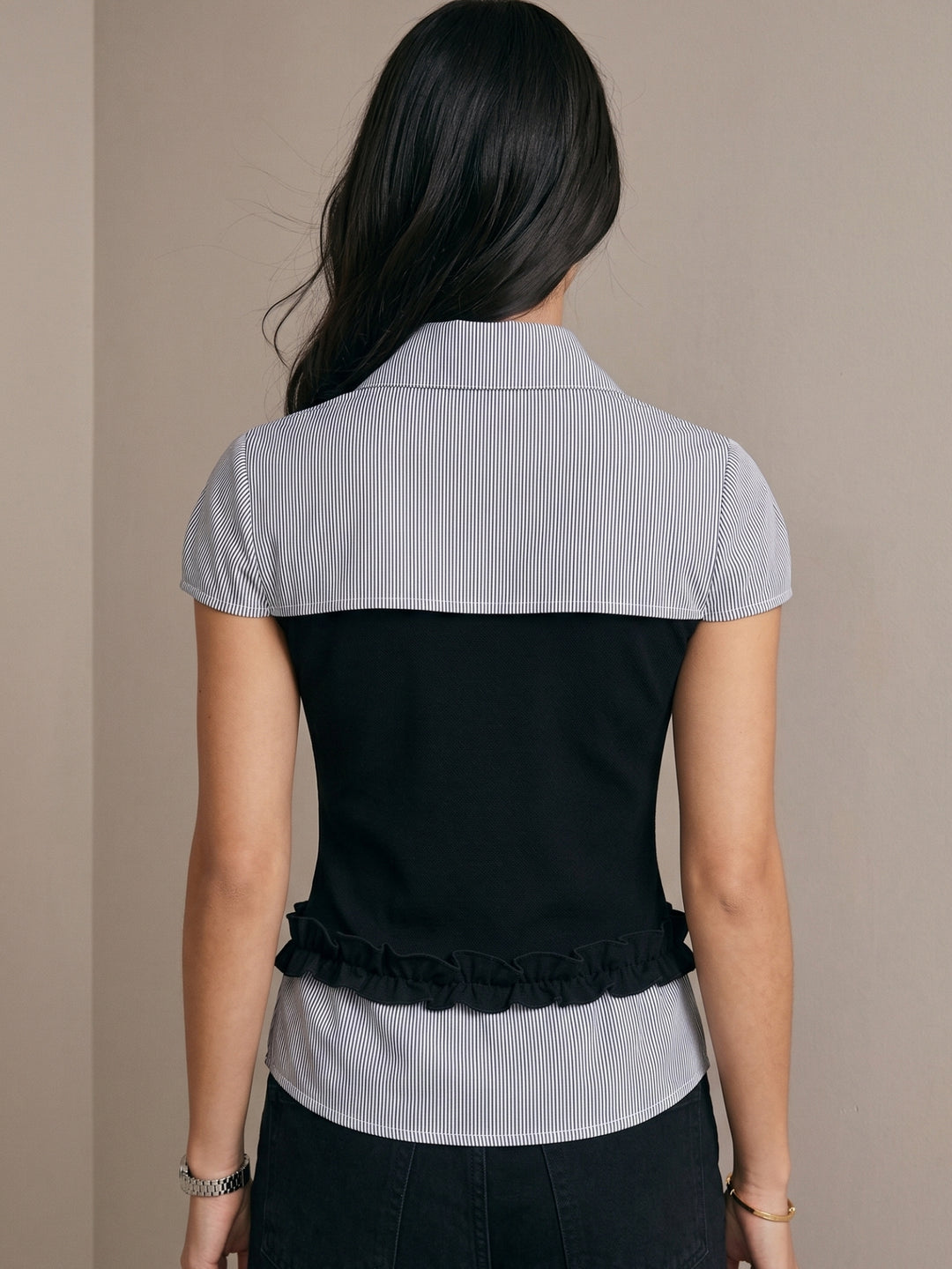 Blue Striped Fitted Shirt With Knitted Contrast Fabric Detail