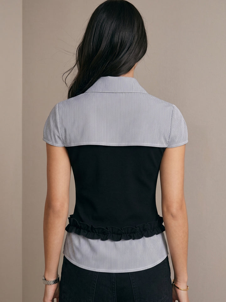 Blue Striped Fitted Shirt With Knitted Contrast Fabric Detail