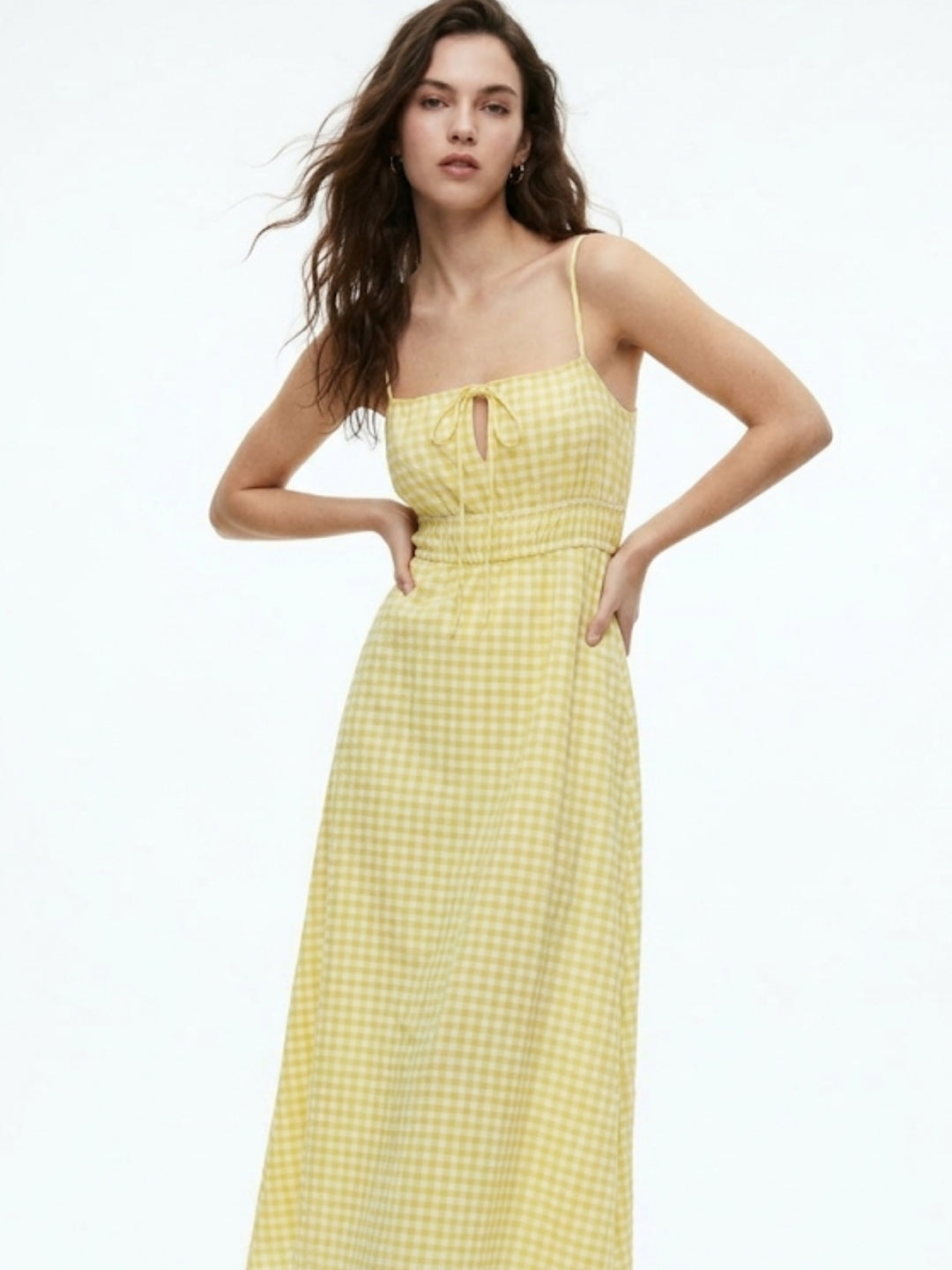 Yellow Spaghetti Strap Checkered Dress