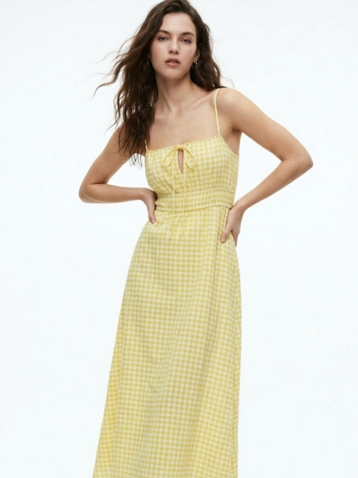 Yellow Spaghetti Strap Checkered Dress