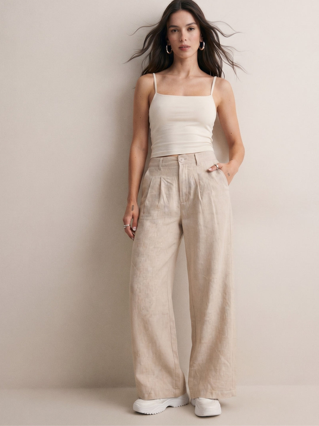 Beige Front Pleated Wide Leg Trouser