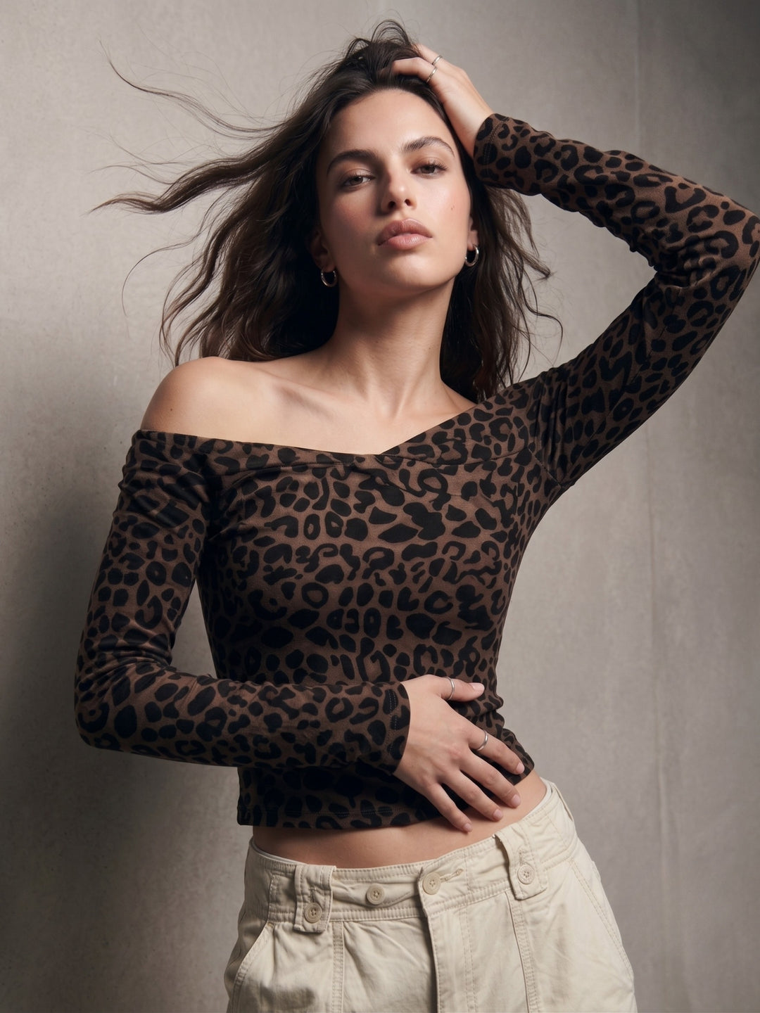 Brown Full Sleeve Off Shoulder Printed Top