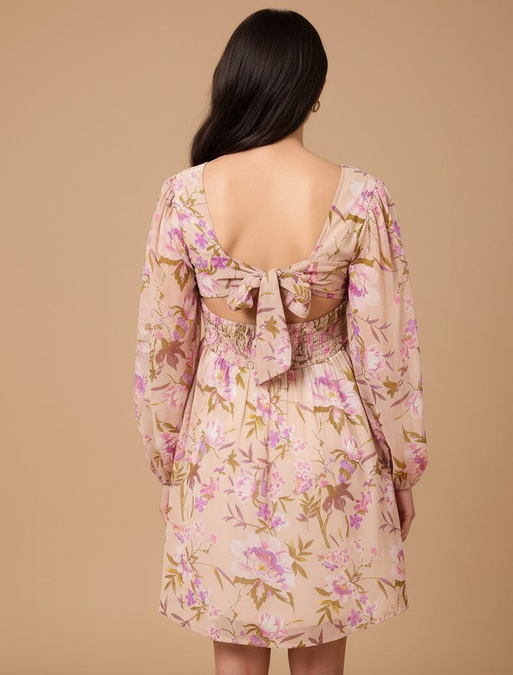Beige Bishop Sleeve Round Neck Printed Dress