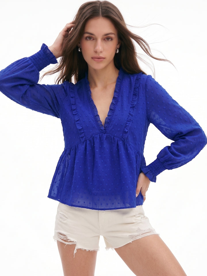 Blue Ruffle Edge Bishop Sleeve Top