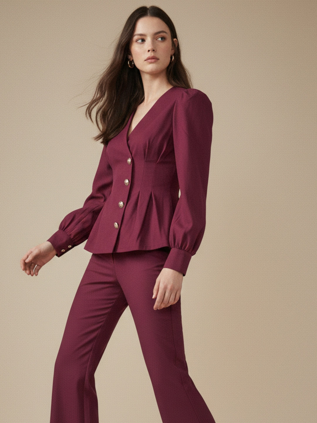 Wine Cinched Waist Vest Top With Pants Co-Ord Set
