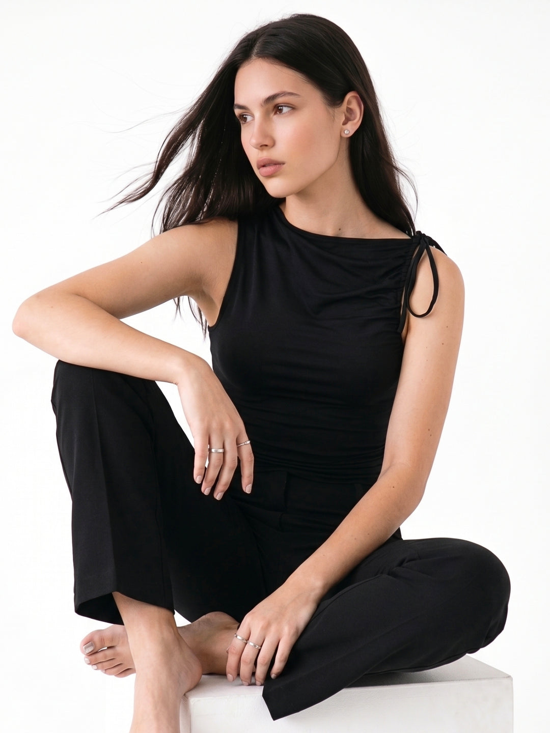 Black Gathered Sleeve Top