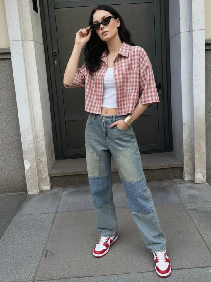 Pink Short Sleeve Front Buttoned Collar