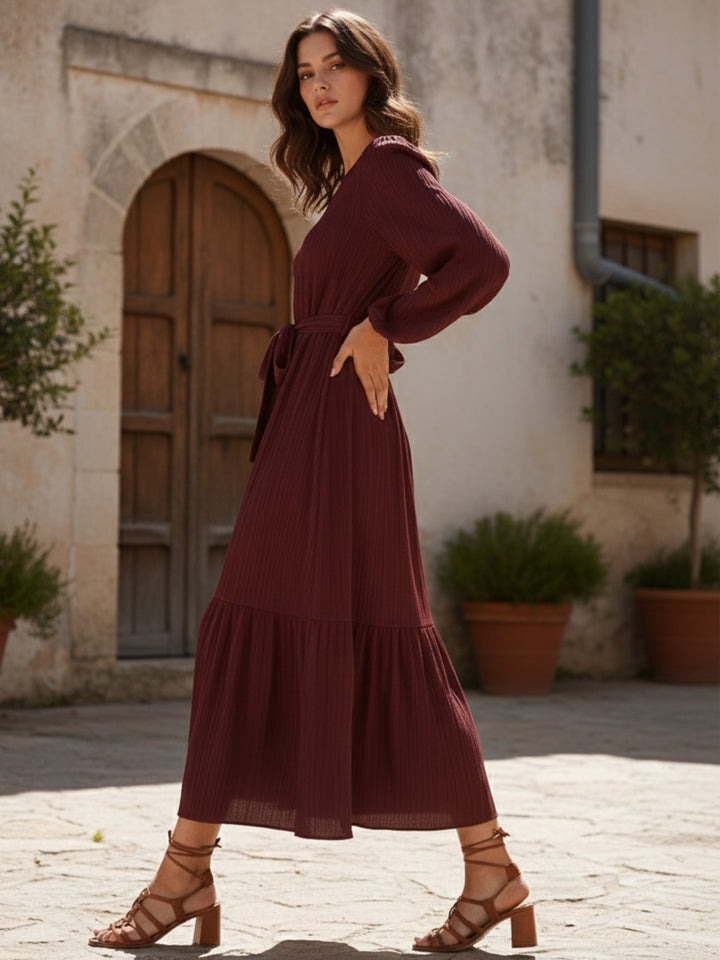 Brown Full Sleeve Round Neck Ruffle Hem Dress