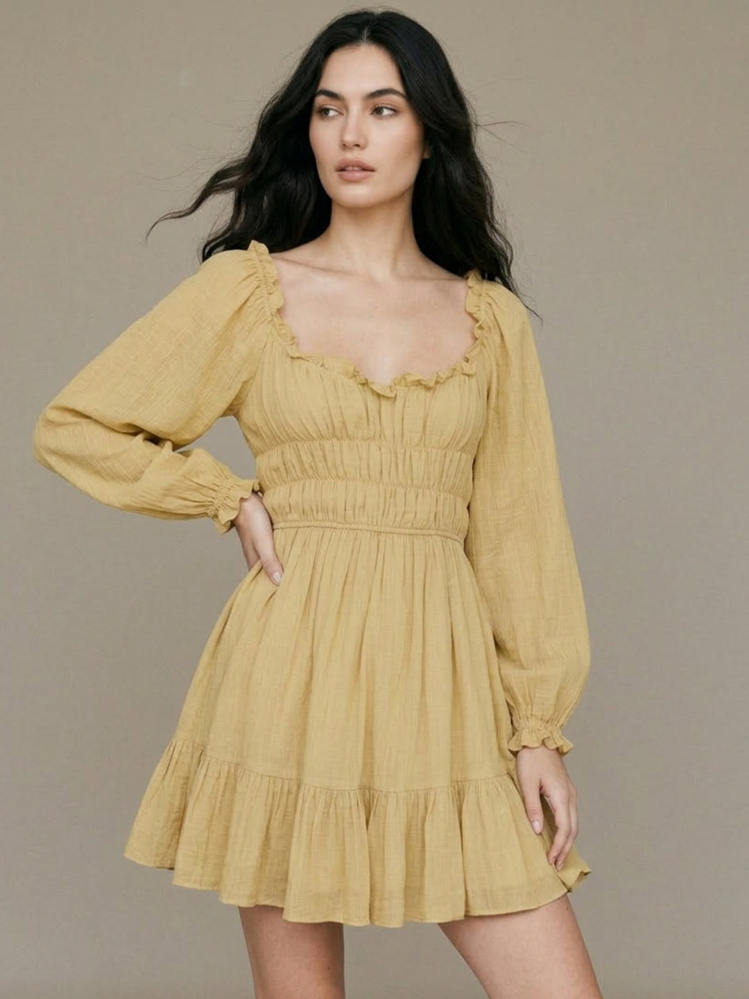 Yellow Bishop Sleeve Ruffle Hem Dress