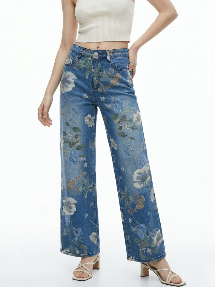 Blue Floral Printed Denim Jeans