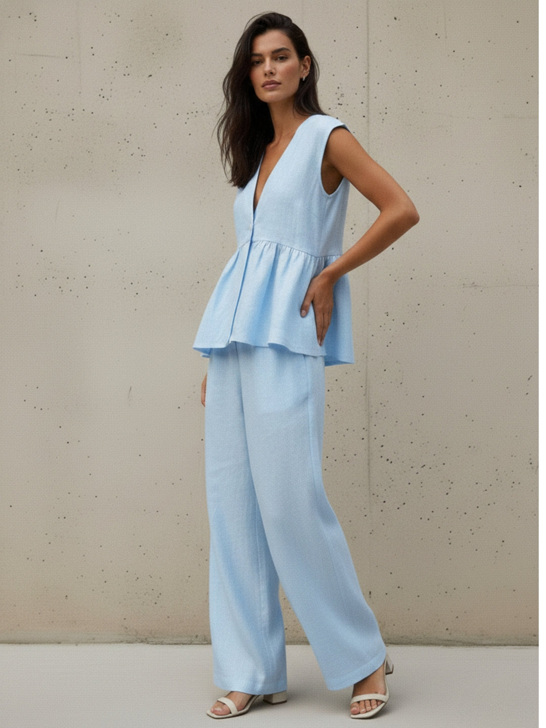Blue Sleeveless V Neck Top And Pant Set