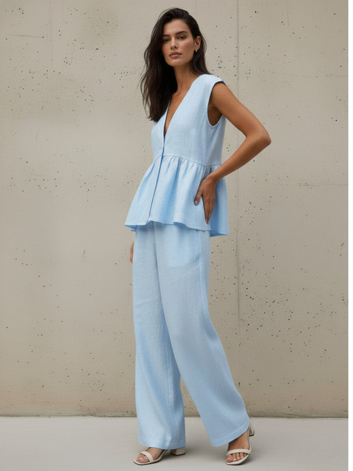 Blue Sleeveless V Neck Top And Pant Set