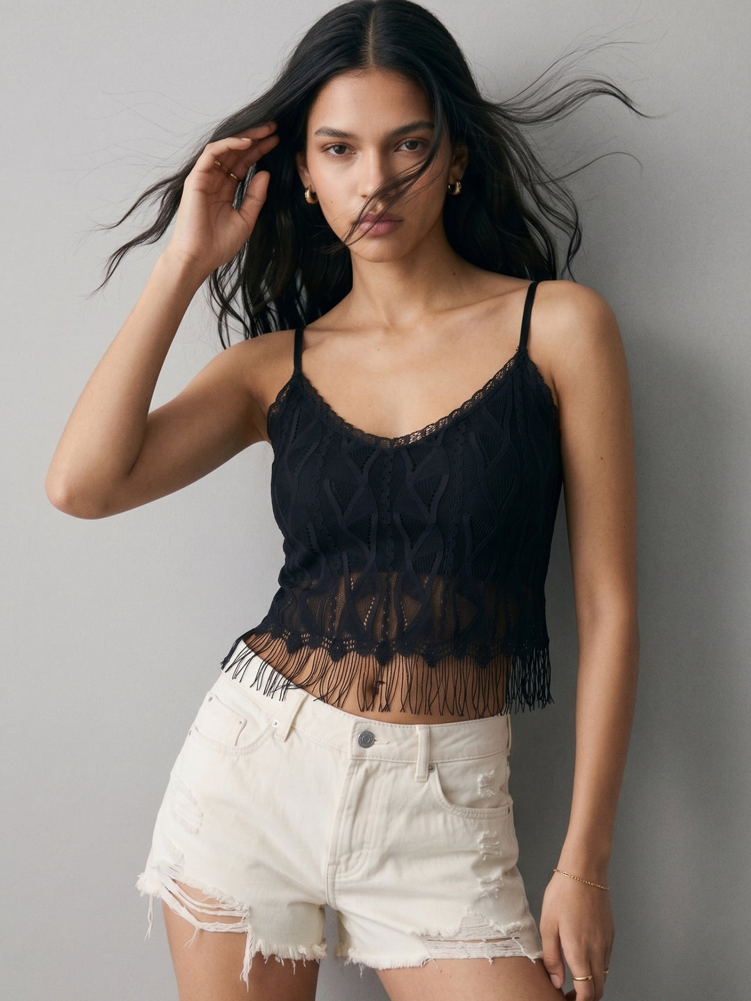 Black Spaghetti Strap Textured Fabric Camisoles