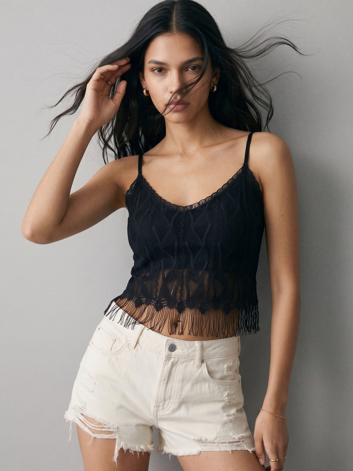 Black Spaghetti Strap Textured Fabric Camisoles