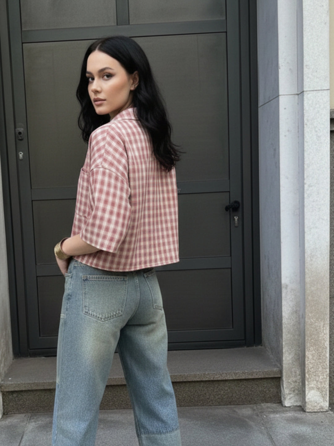 Pink Short Sleeve Front Buttoned Collar