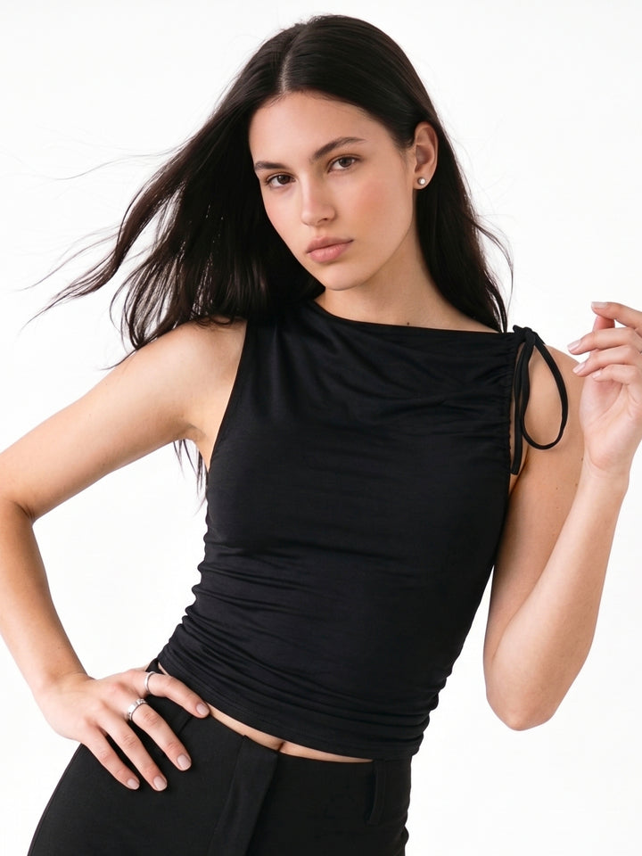Black Gathered Sleeve Top
