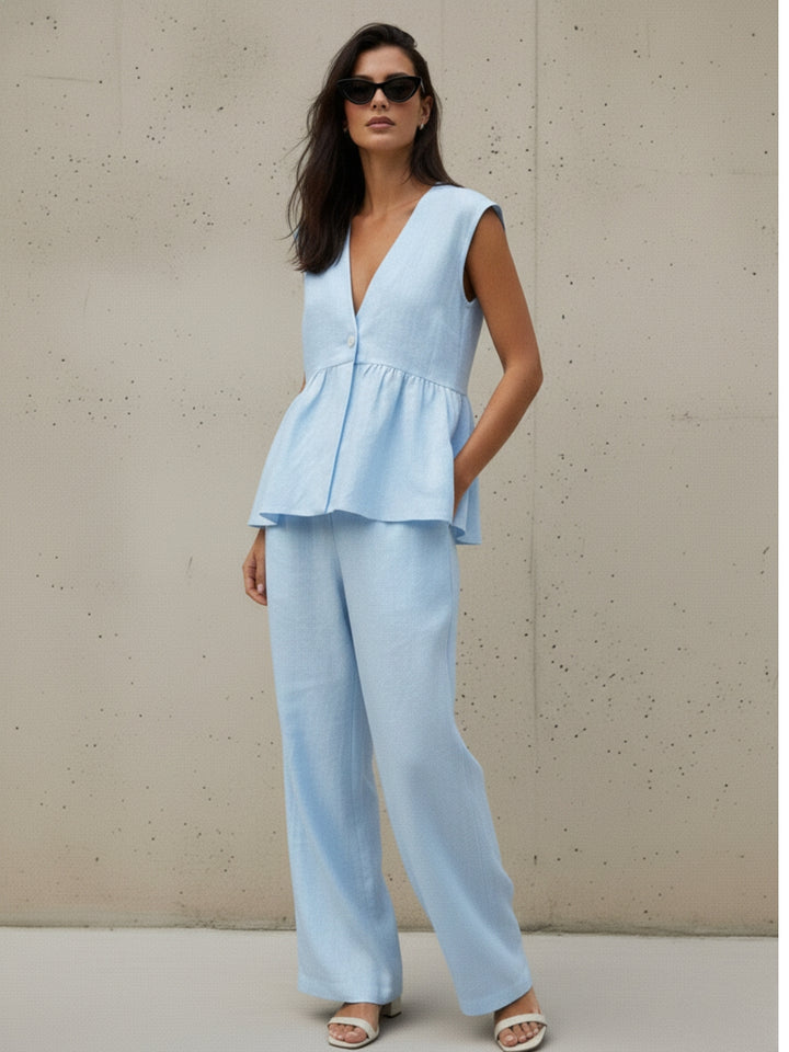 Blue Sleeveless V Neck Top And Pant Set