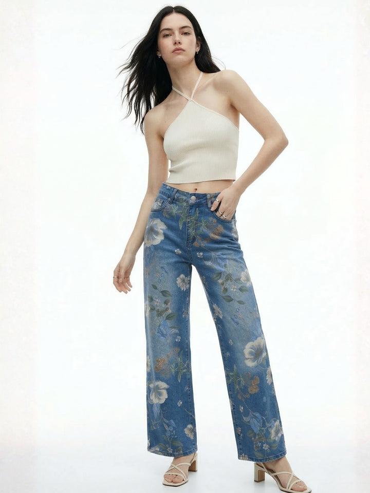Blue Floral Printed Denim Jeans
