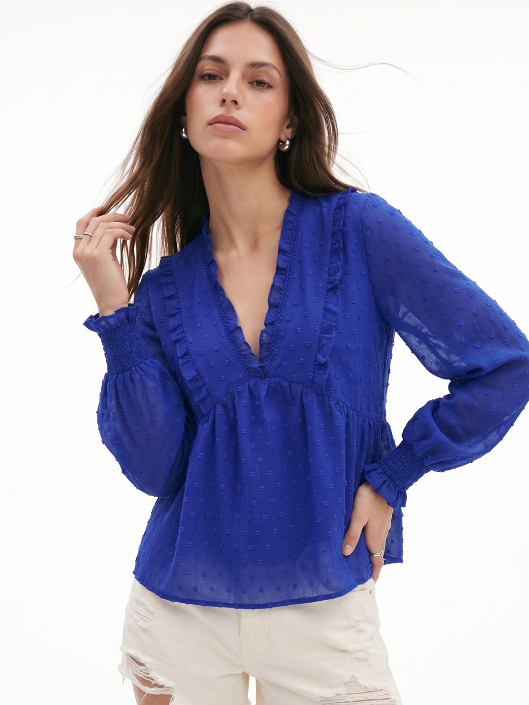Blue Ruffle Edge Bishop Sleeve Top