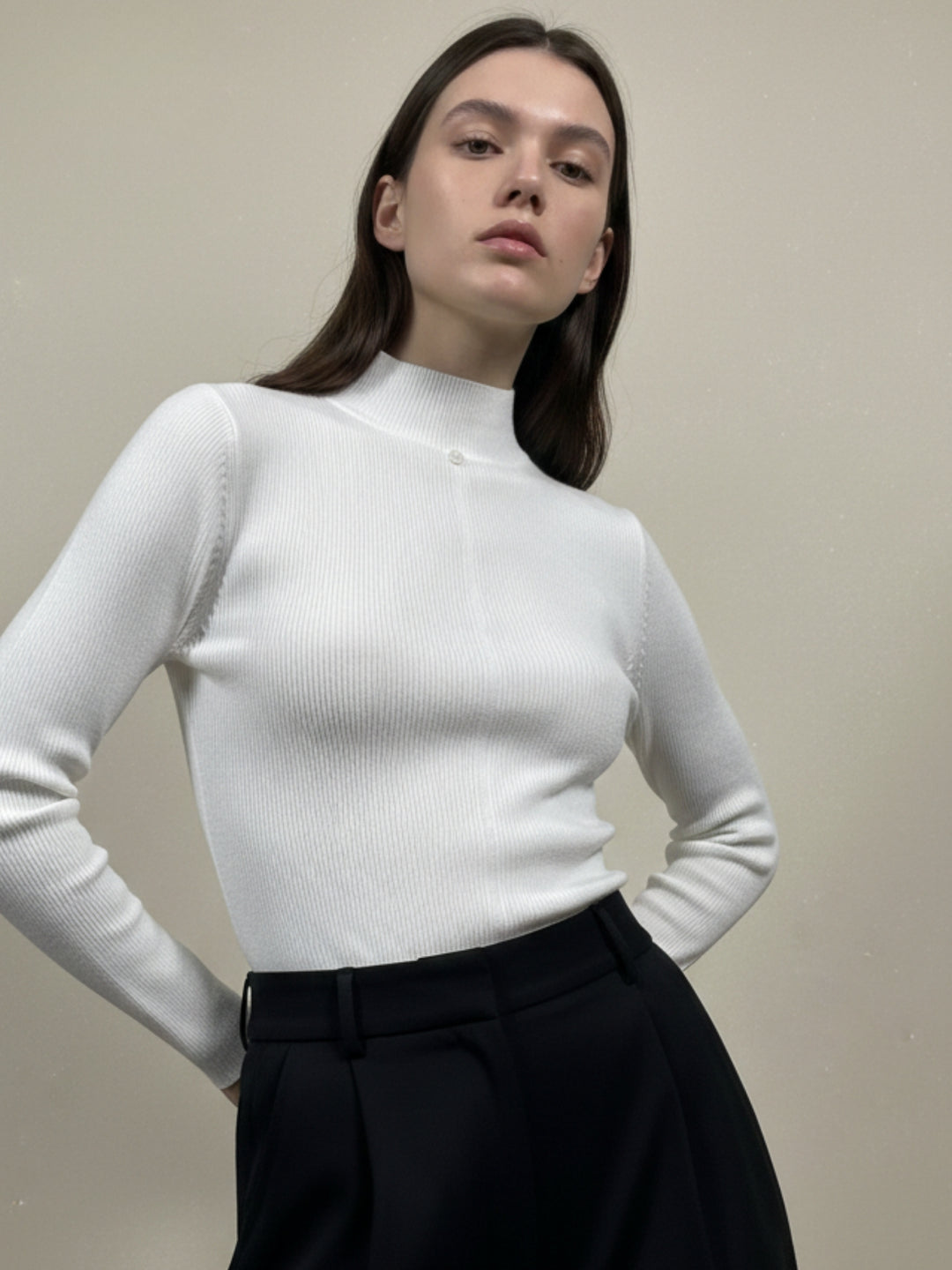 White Centre Seam Detailed High Neck Top