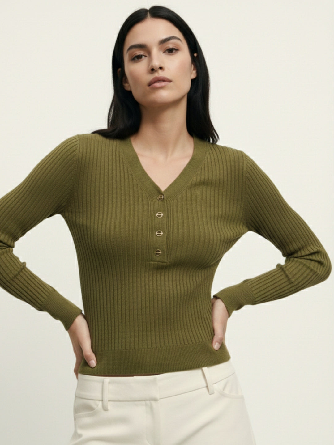 Mustard Full Sleeve V Neck Buttoned Fitted Top