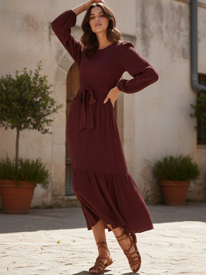 Brown Full Sleeve Round Neck Ruffle Hem Dress