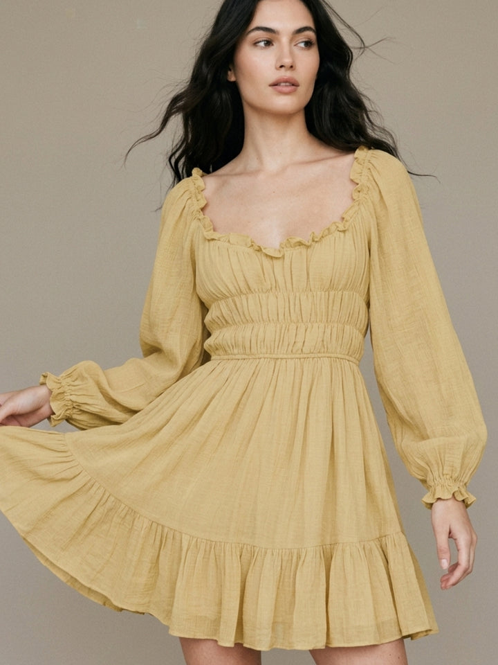 Yellow Bishop Sleeve Ruffle Hem Dress