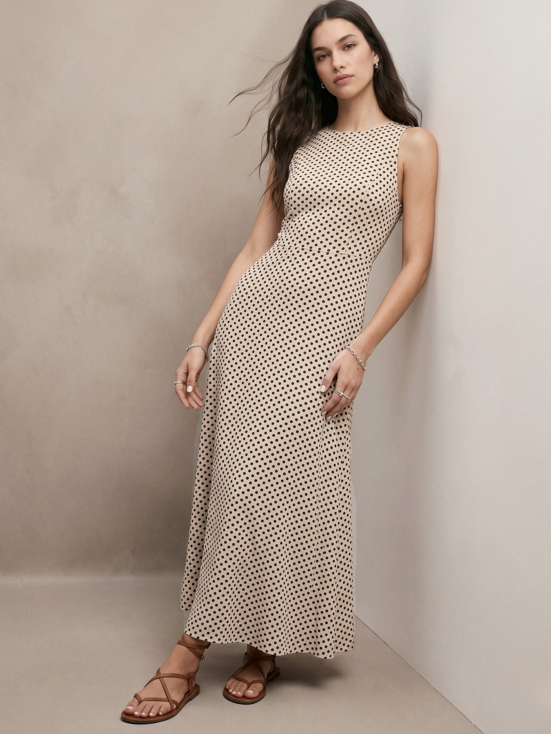 Beige Back Cut-Out Polka Printed Dress