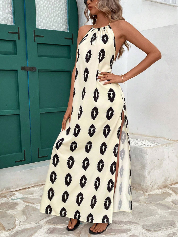 Cream Printed Halter Neck Slit Dress