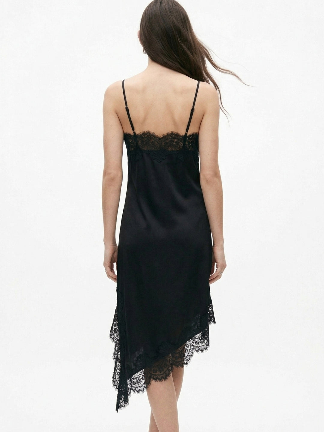 Black Asymmetric Hem Dress With Lace Inserts