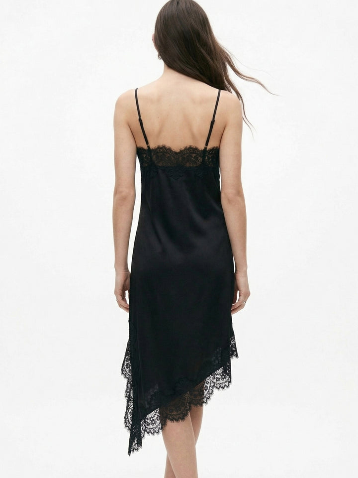 Black Asymmetric Hem Dress With Lace Inserts