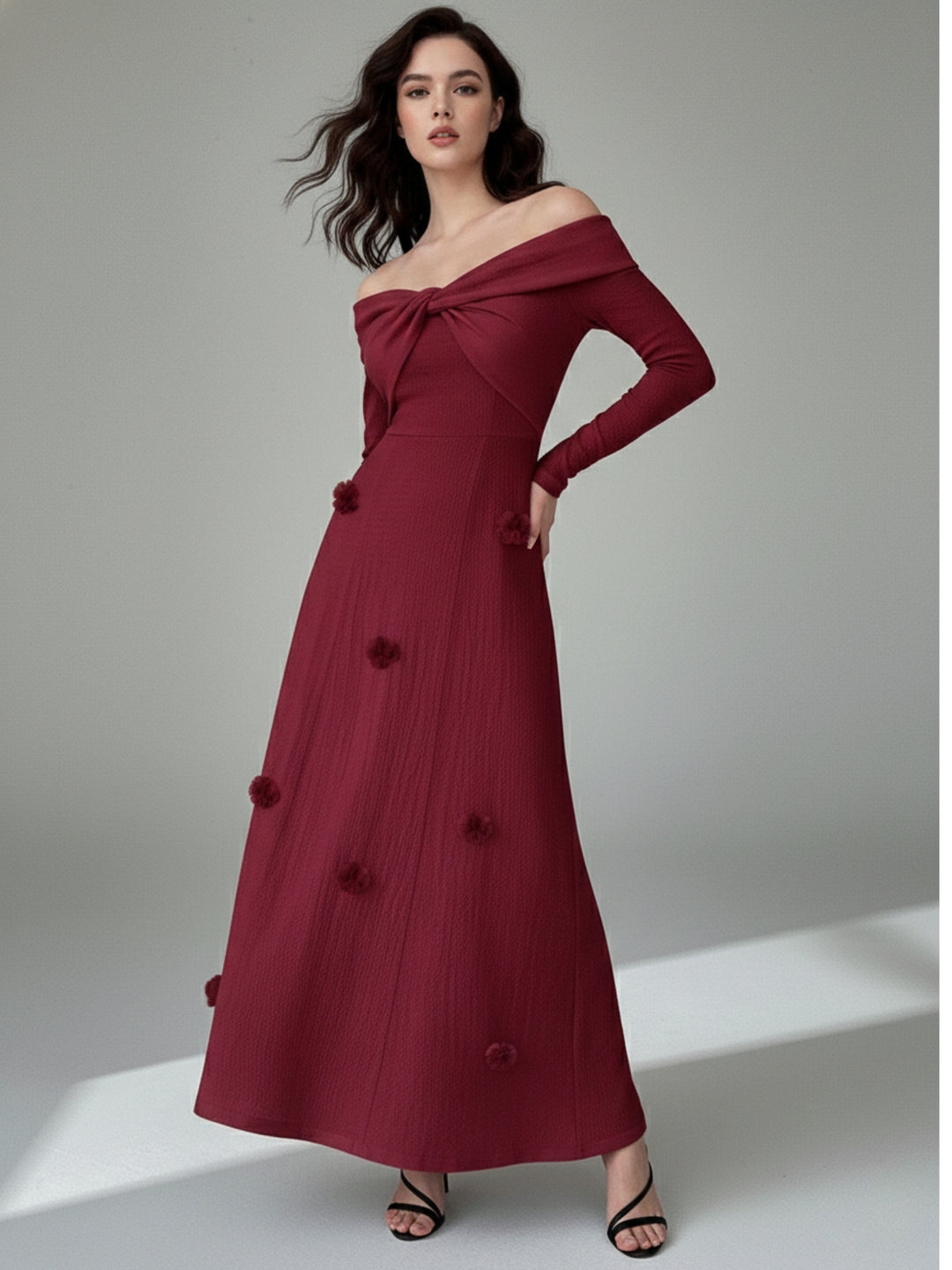 Wine Twisted Off-Shoulder Flared Dress