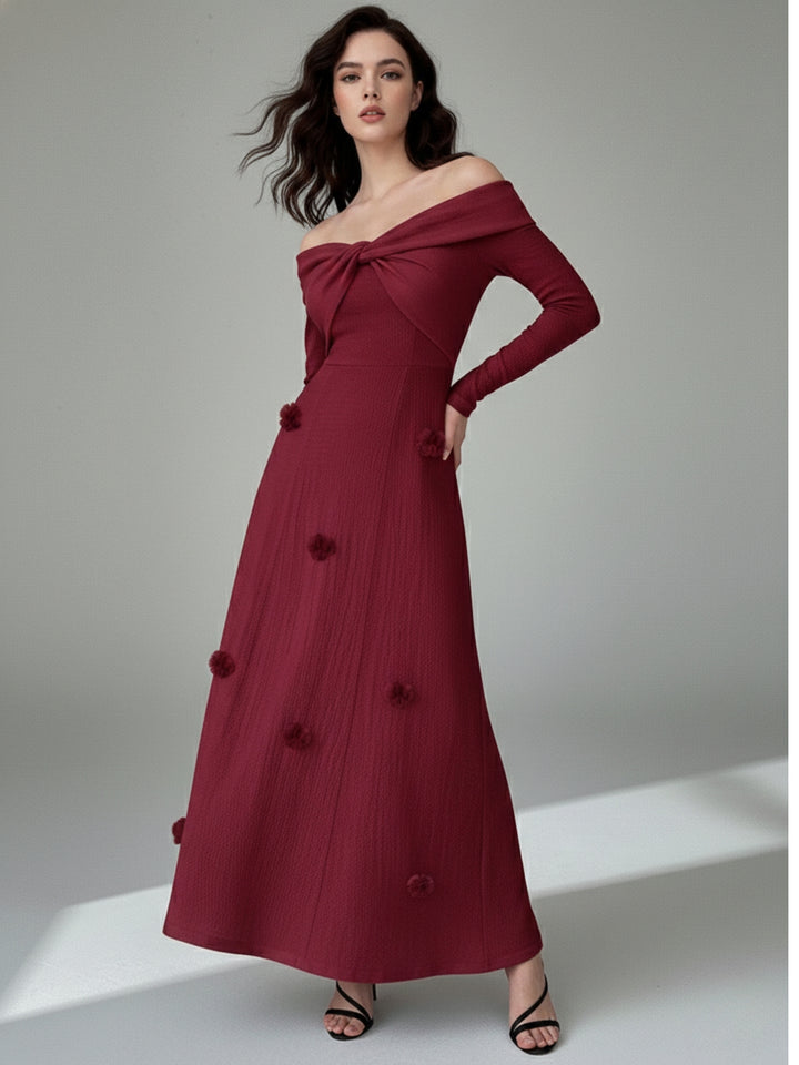 Wine Twisted Off-Shoulder Flared Dress