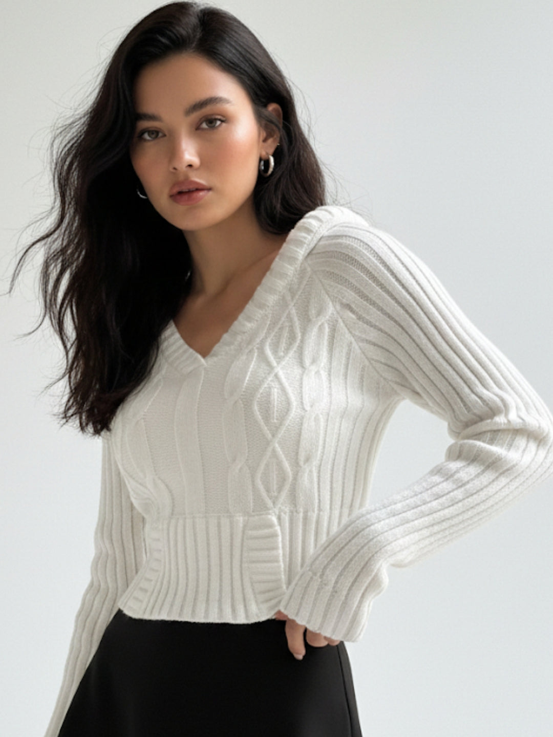 White Full Sleeve Cable Knit Fitted Top