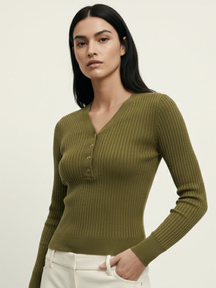 Mustard Full Sleeve V Neck Buttoned Fitted Top