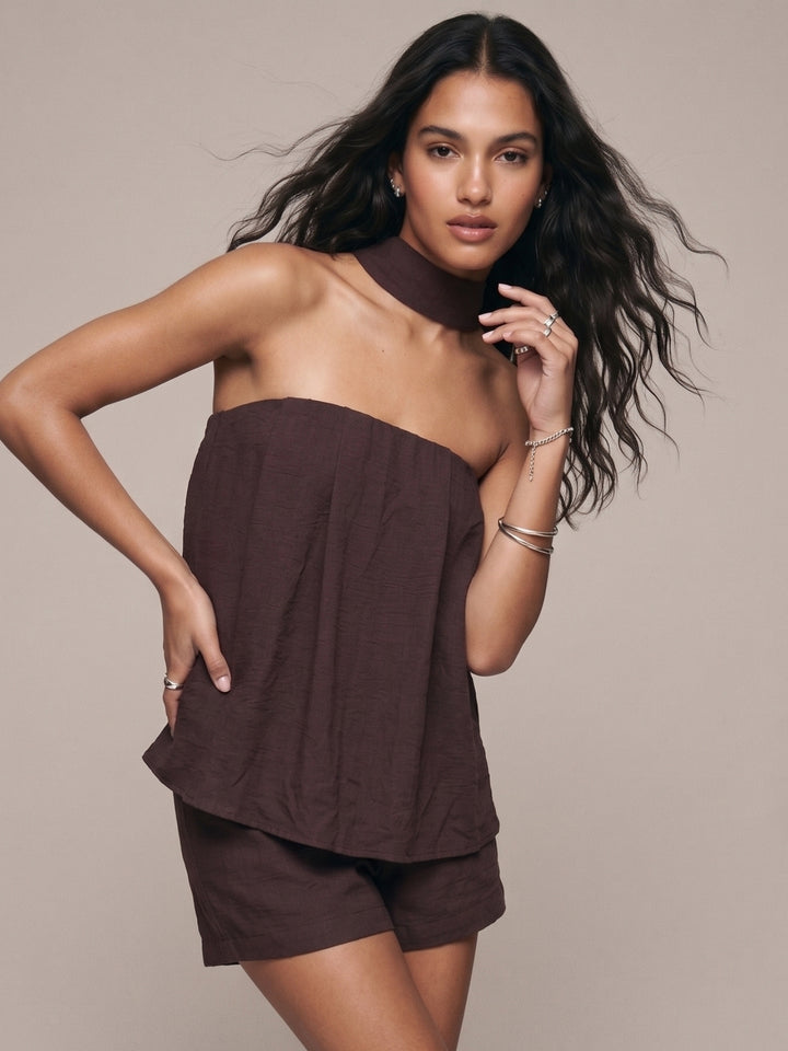 Brown Off Shoulder Neck Wrap Top And Short Set