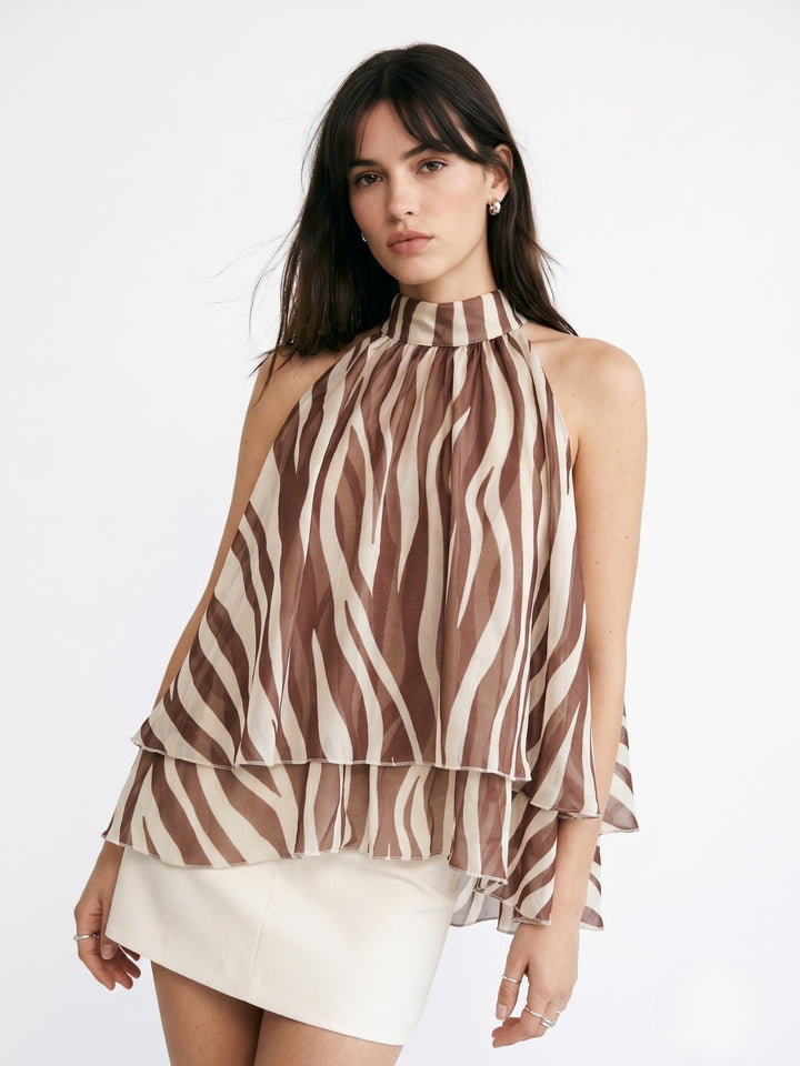 Brown Mock Neck Back Tie-Up Animal Printed Tiered Top