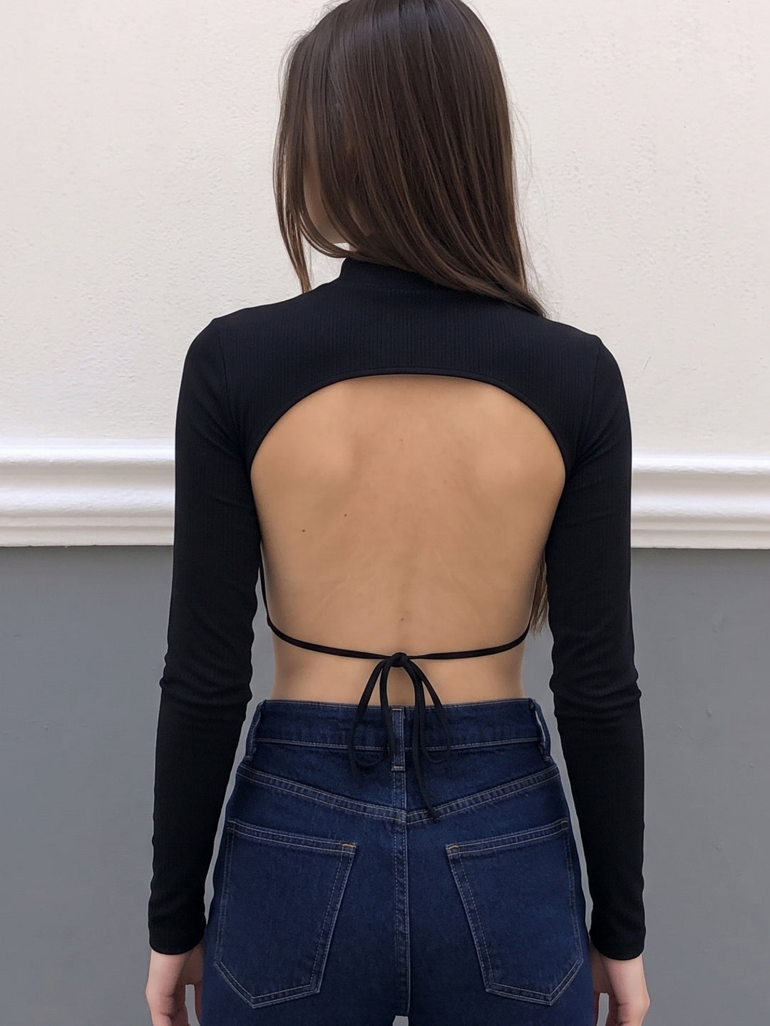 Black Full Sleeved High Neck Backless Knit Top
