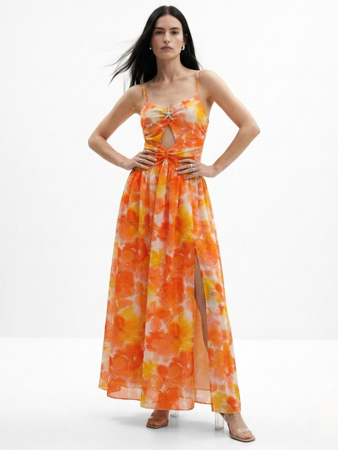 Orange Spaghetti Strap Floral Printed Dress