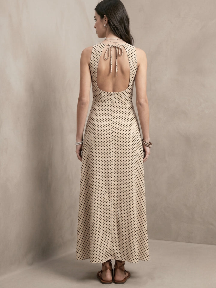 Beige Back Cut-Out Polka Printed Dress