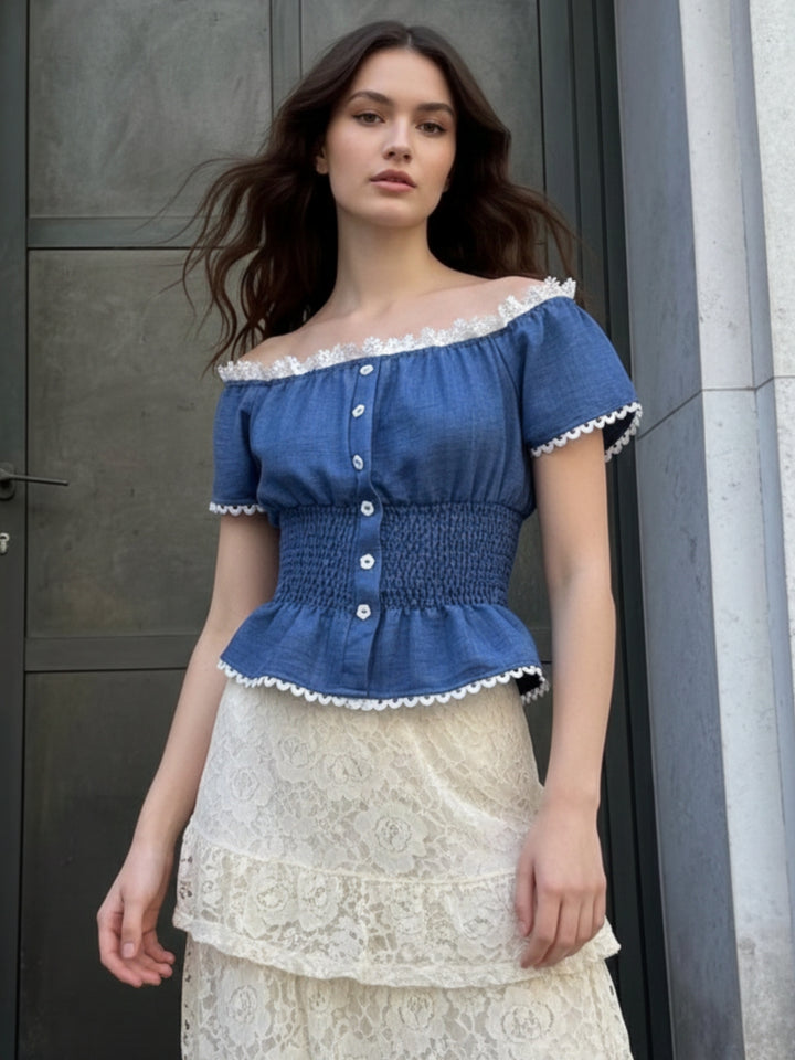 Blue Cinched Waist Puff Sleeved Top