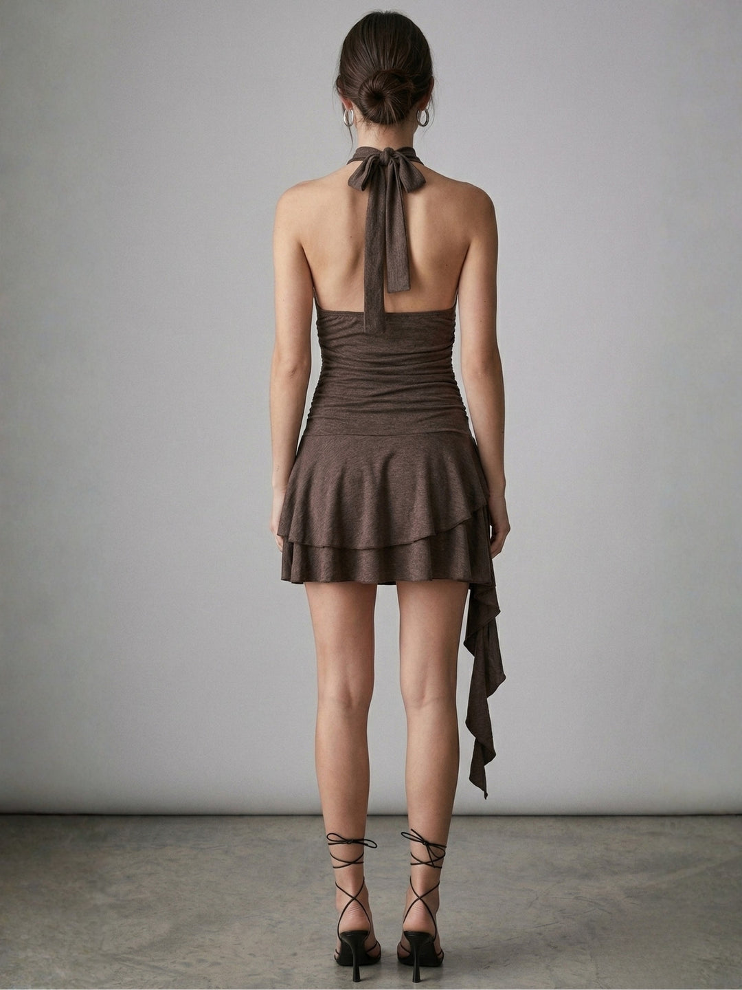 Brown Halter Neck Pointed Waistline Dress