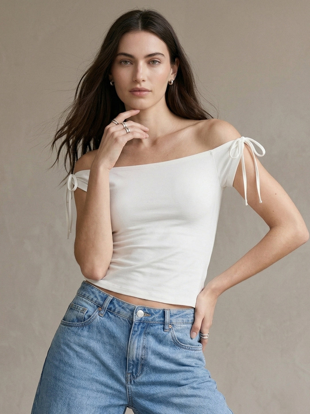 White Off Shoulder Fitted Top