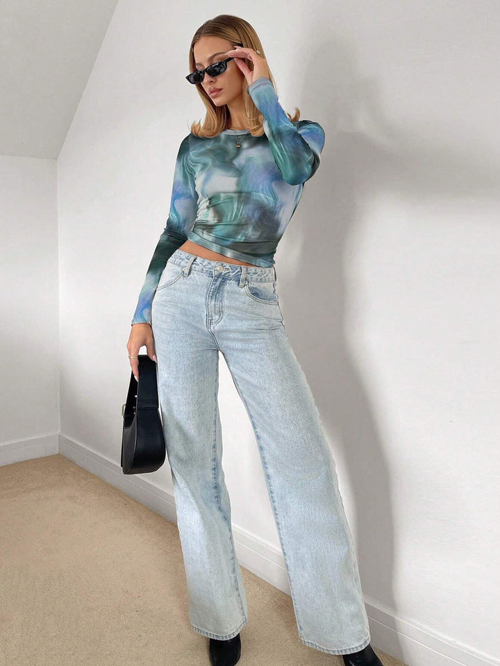 Blue Marble Print Full Sleeve Semi Sheer Top