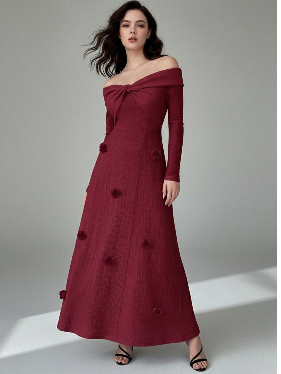 Wine Twisted Off-Shoulder Flared Dress