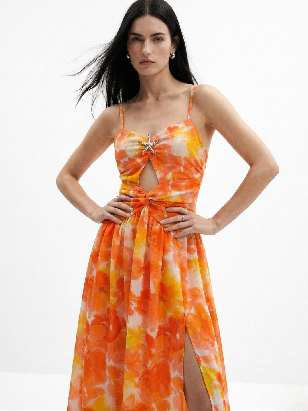 Orange Spaghetti Strap Floral Printed Dress