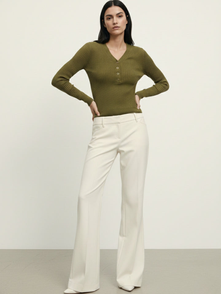 Mustard Full Sleeve V Neck Buttoned Fitted Top
