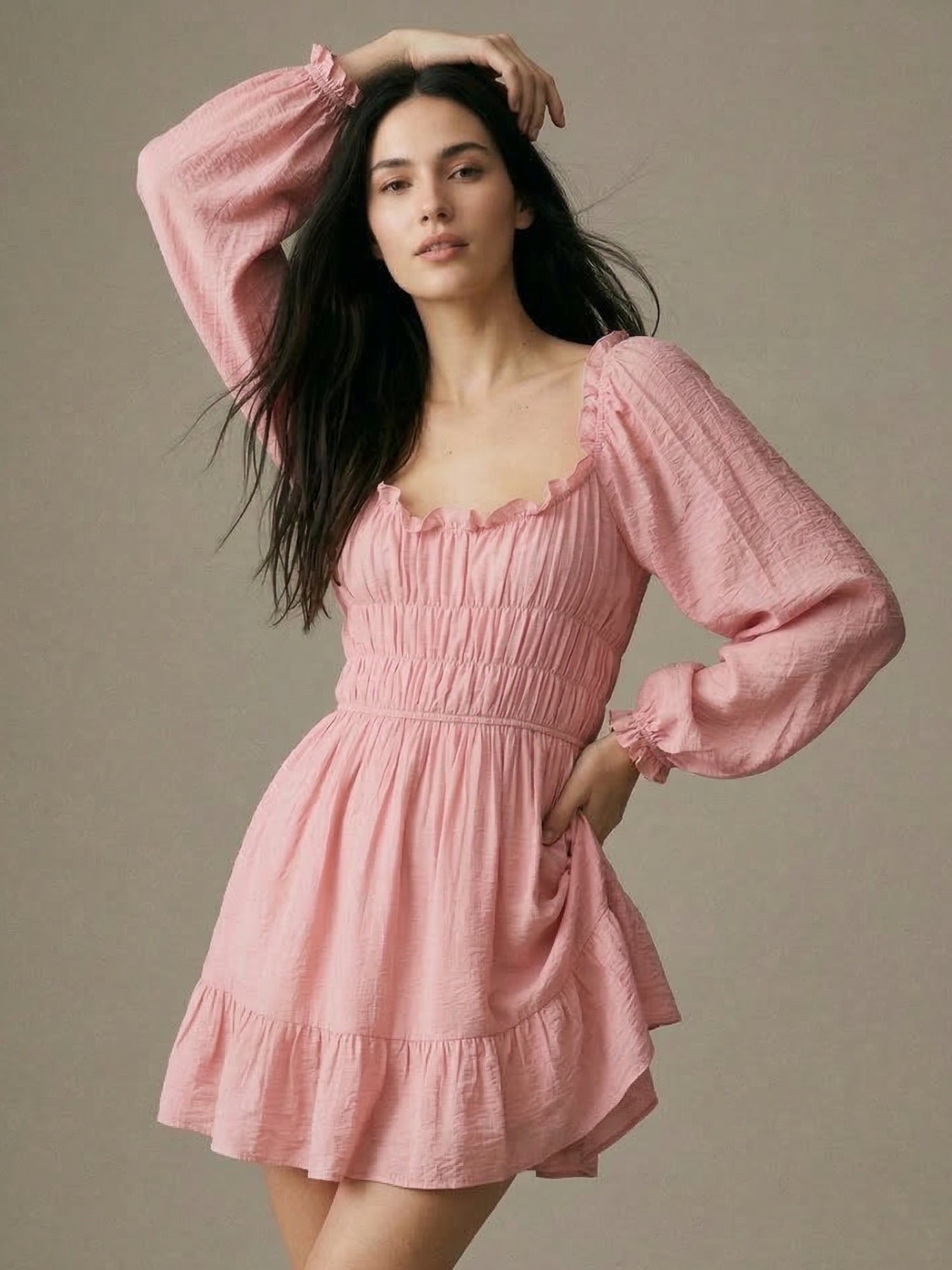 Pink Bishop Sleeve Ruffle Hem Dress